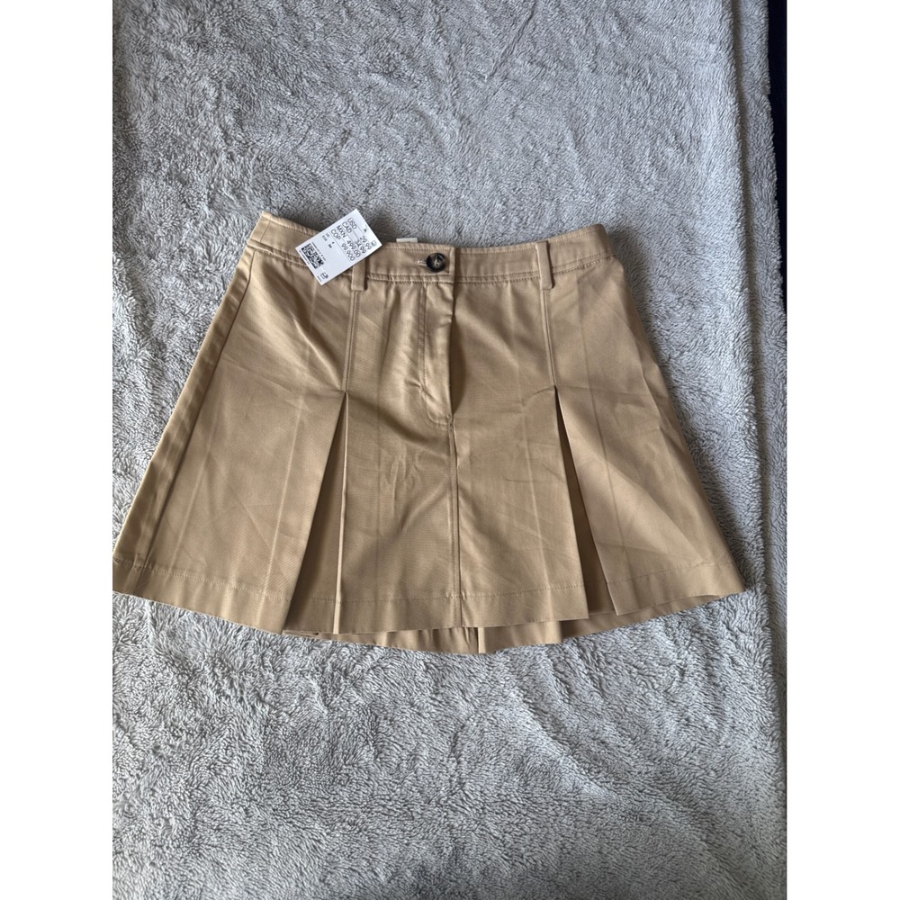 HM Tan Khaki Pleated Mini Skirt 1238886 Preppy Academic Twill Skirt Womens 4 NEW